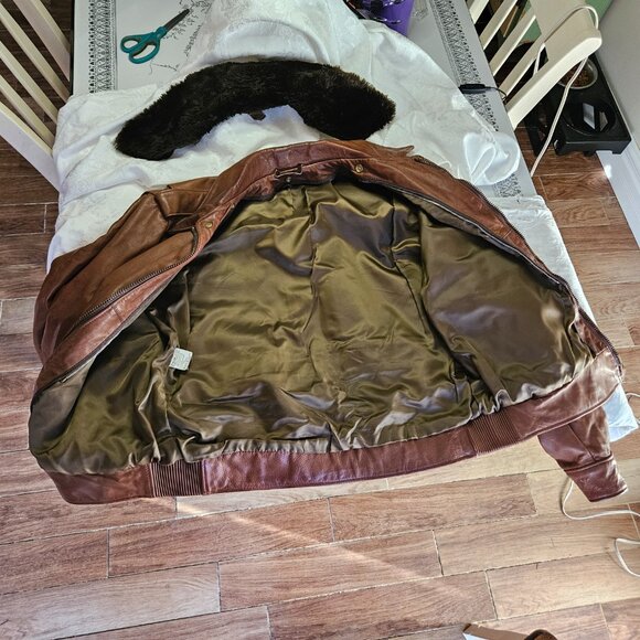 Vintage USA Men's SCHOTT BIKER FUR LINED BROWN LEATHER BOMBER Jacket Sz 44 - Picture 15 of 16